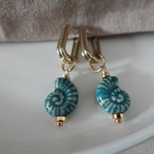Blue Ceramic Ammonite Fossil Drop Earrings | Handmade Boho Jewelry | Ocean-Inspired Design
