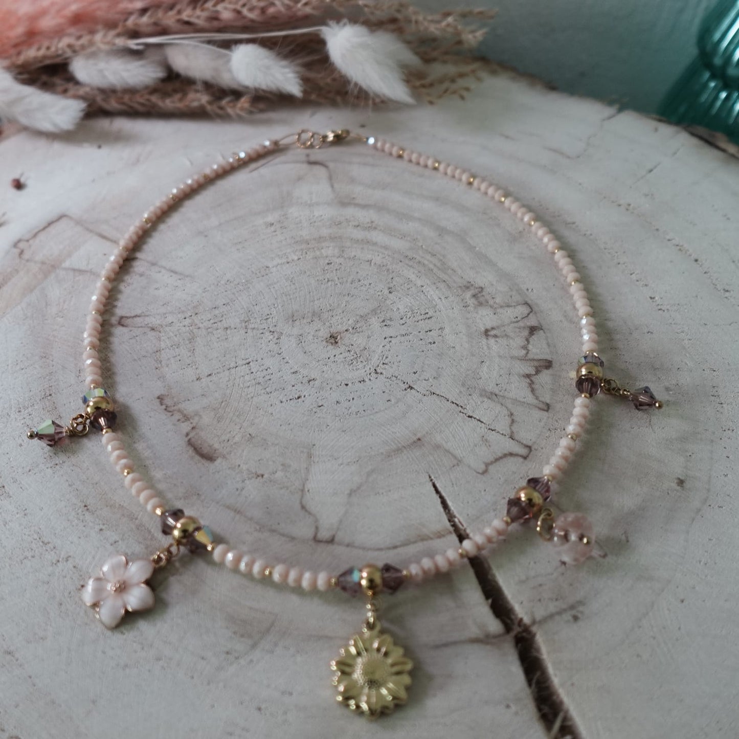 Charm Necklace with Flower, Sun, Heart & Moonstone Beads | Natural Stone Boho Jewelry | Handmade Pendant Necklace