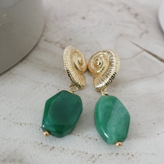 Gold Spiral Shell Earrings | Green Agate Earrings