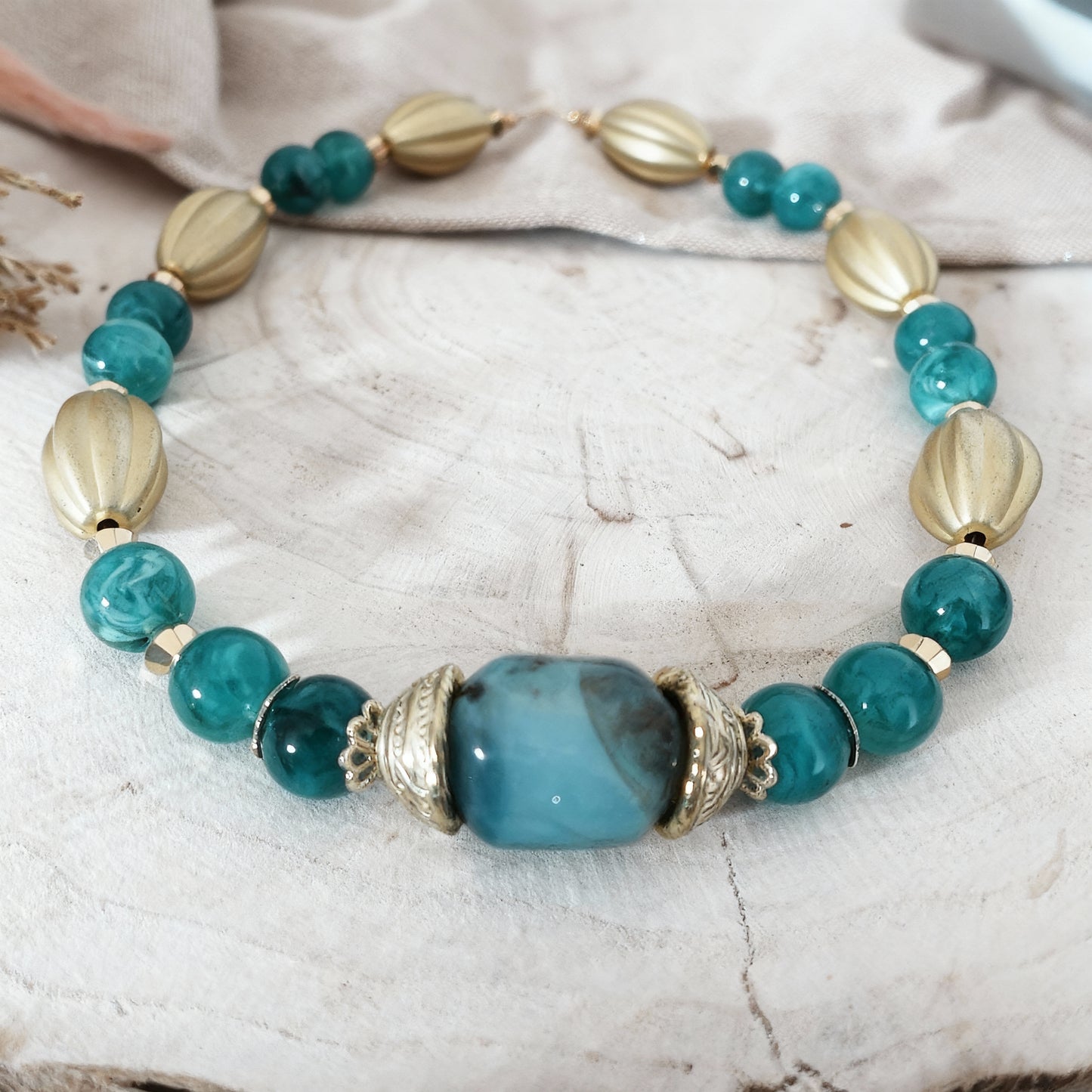 Statement Necklace Acrylic | Teal Green & White Design | Brown-Green Center Piece | Bold Fashion Jewelry