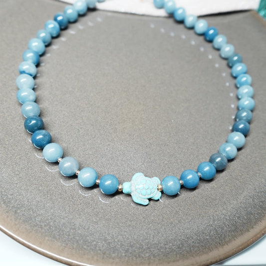 Blue Aventurine Necklace | Turtle Charm Pendant | Handmade Natural Stone Jewelry