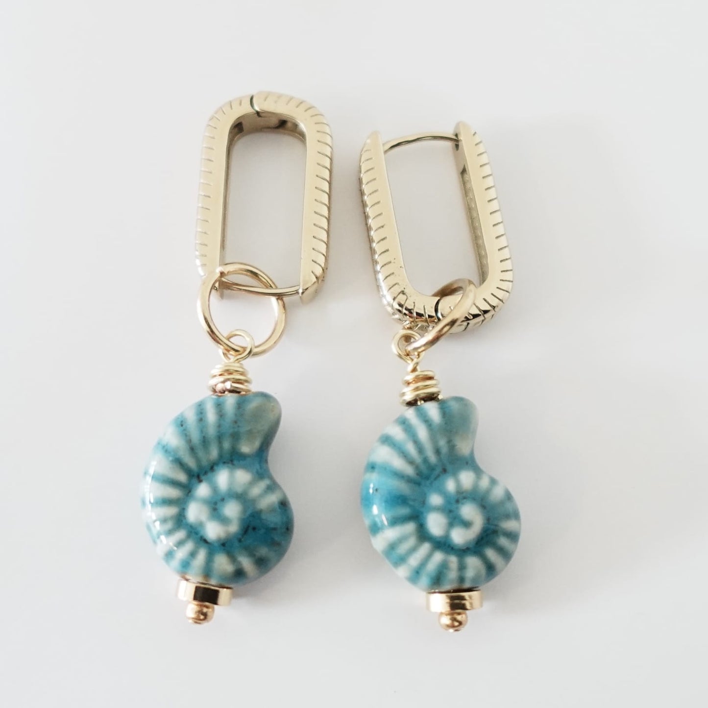 Blue Ceramic Ammonite Fossil Drop Earrings | Handmade Boho Jewelry | Ocean-Inspired Design