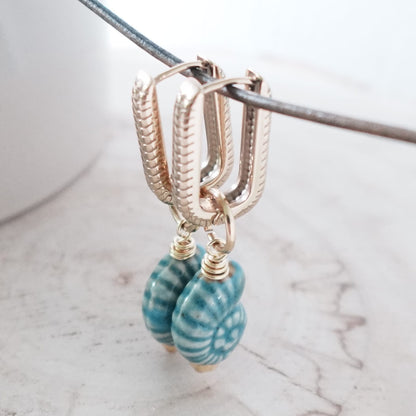 Blue Ceramic Ammonite Fossil Drop Earrings | Handmade Boho Jewelry | Ocean-Inspired Design