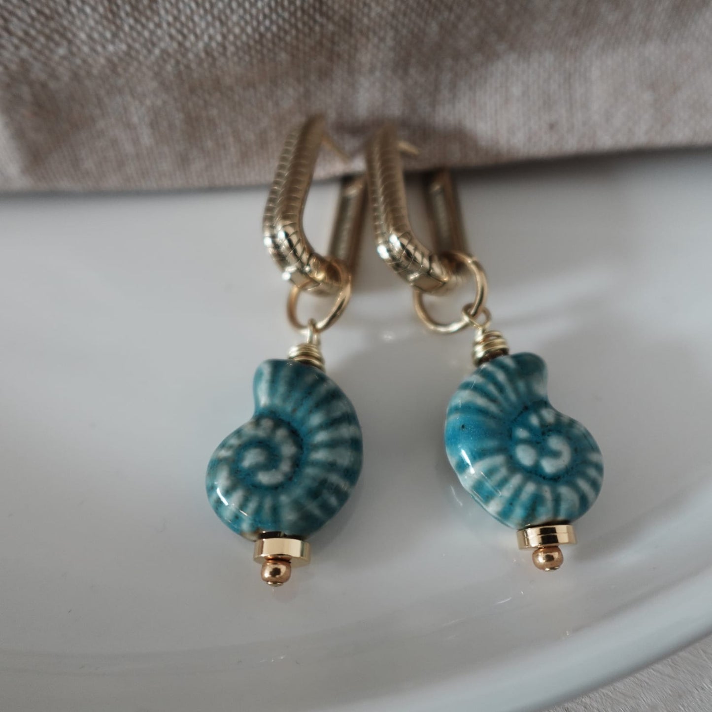 Blue Ceramic Ammonite Fossil Drop Earrings | Handmade Boho Jewelry | Ocean-Inspired Design