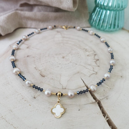 Pearl Beaded Necklace with Four-Leaf Clover Pendant