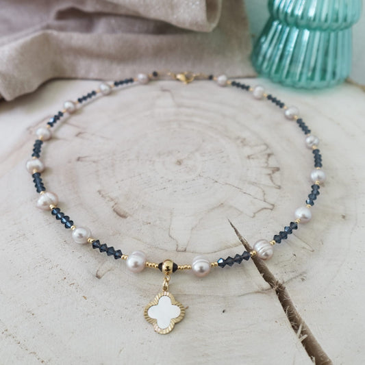 Pearl Beaded Necklace with Four-Leaf Clover Pendant