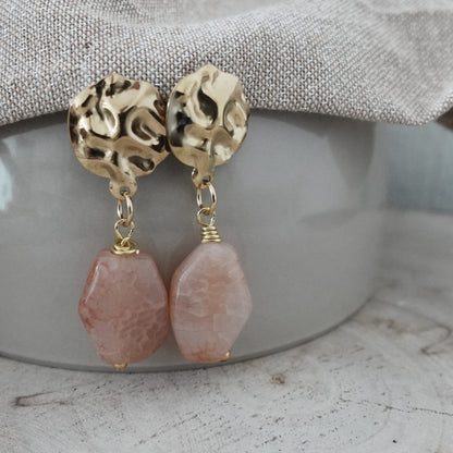 Natural Stone Agate Peachy Orange Earrings | Stainless Steel Textured Hoops | Handmade Gemstone Jewelry