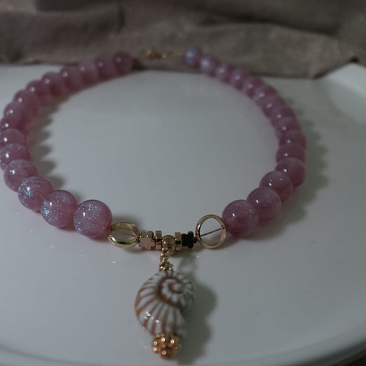 Handmade Ammonite Necklace | Purple Beaded Jewelry | Gold Accent Necklace | Boho Statement Necklace | Fossil Pendant Necklace