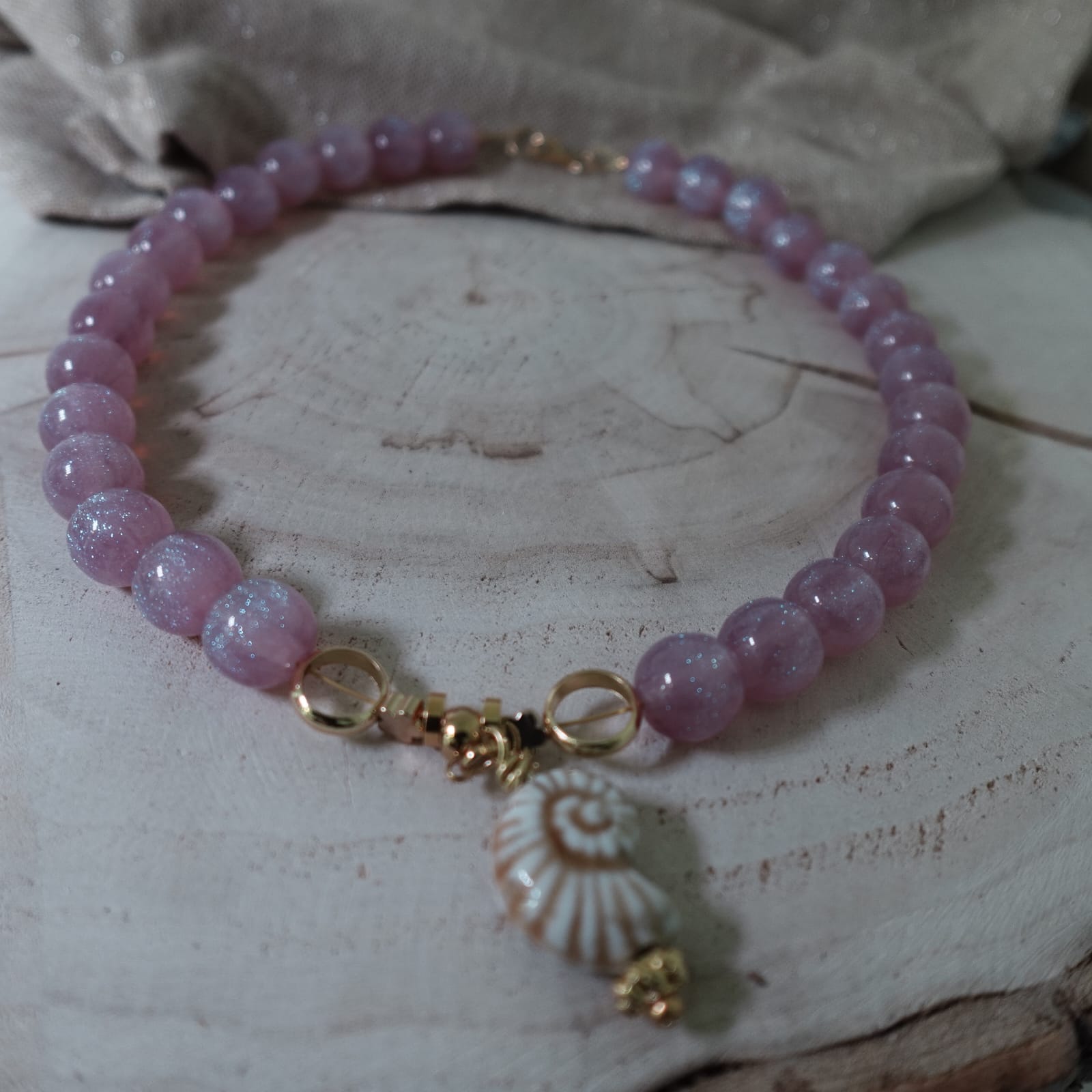 Handmade Ammonite Necklace | Purple Beaded Jewelry | Gold Accent Necklace | Boho Statement Necklace | Fossil Pendant Necklace