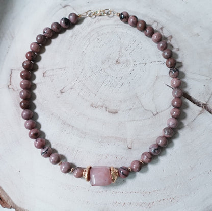 Rhodoniet & Pink Agate Ketting