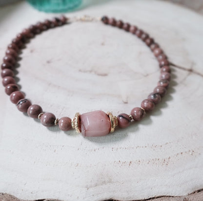 Rhodoniet & Pink Agate Ketting