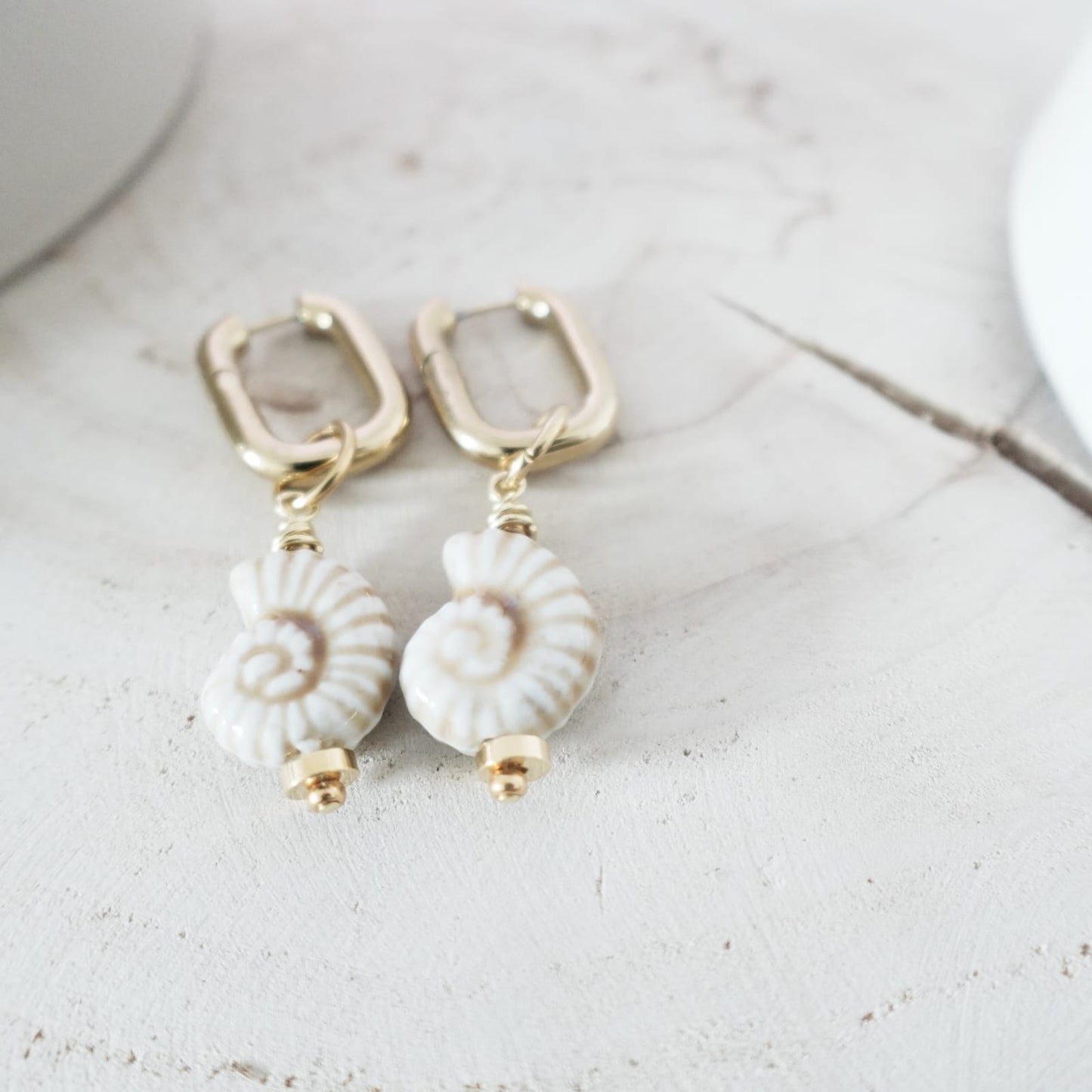White Ceramic Earrings | Ammonite Fossil Earrings | Handmade Boho Earrings | Ocean Inspired Jewelry | Natural Ceramic Earrings