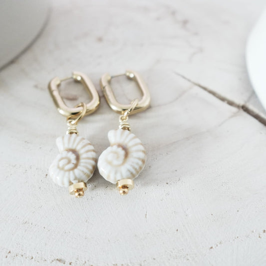 White Ceramic Earrings | Ammonite Fossil Earrings | Handmade Boho Earrings | Ocean Inspired Jewelry | Natural Ceramic Earrings