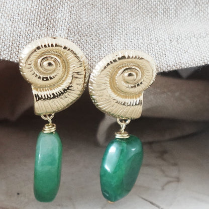 Gold Spiral Shell Earrings | Green Agate Earrings