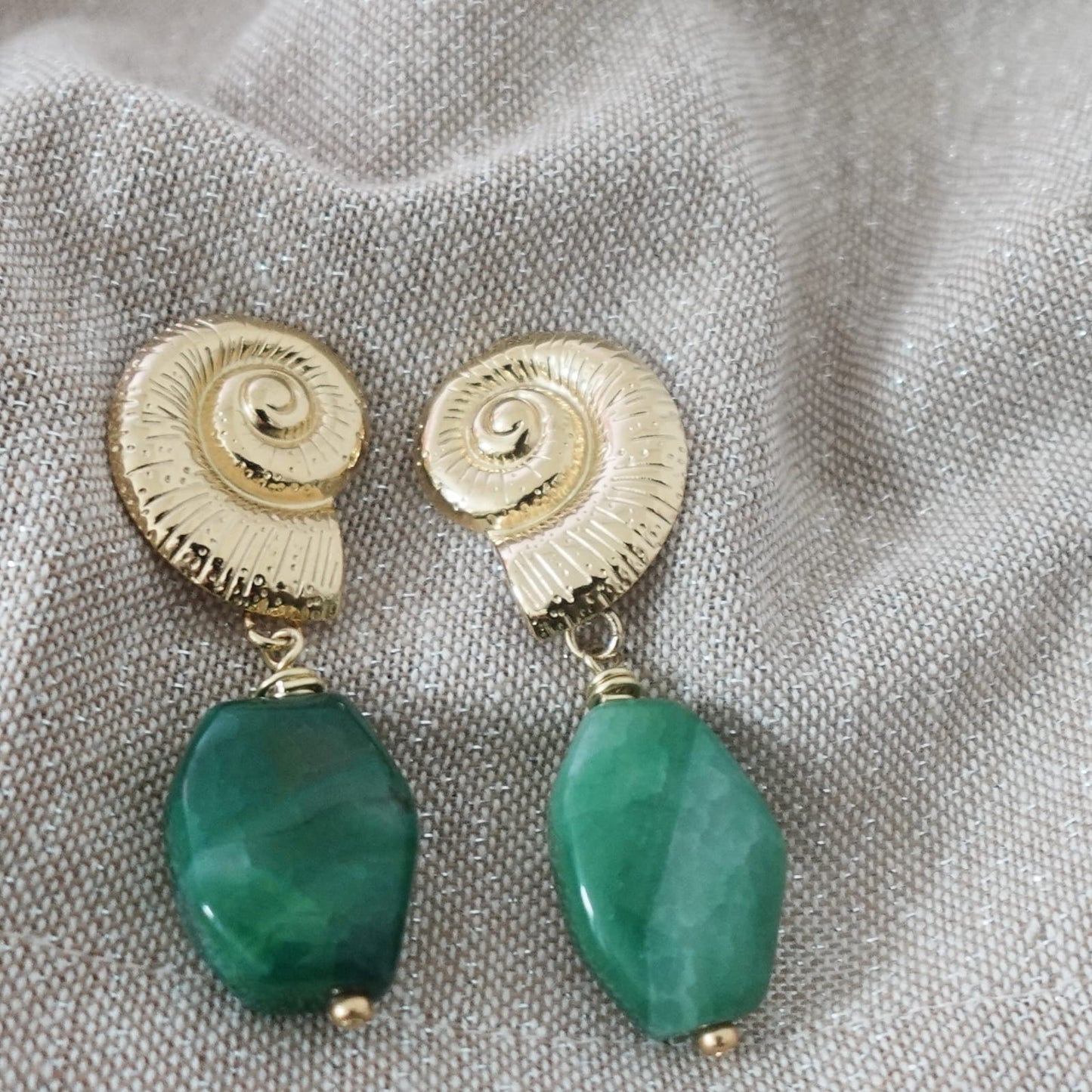 Gold Spiral Shell Earrings | Green Agate Earrings