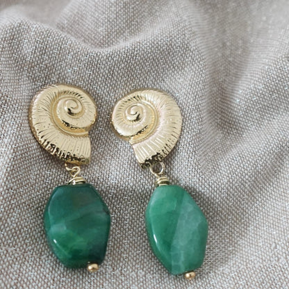 Gold Spiral Shell Earrings | Green Agate Earrings