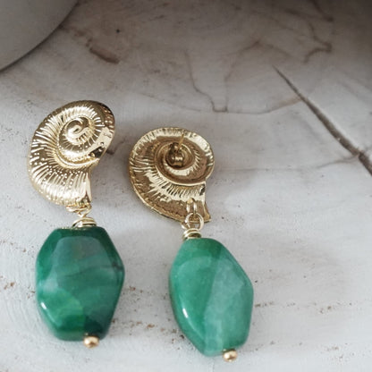 Gold Spiral Shell Earrings | Green Agate Earrings