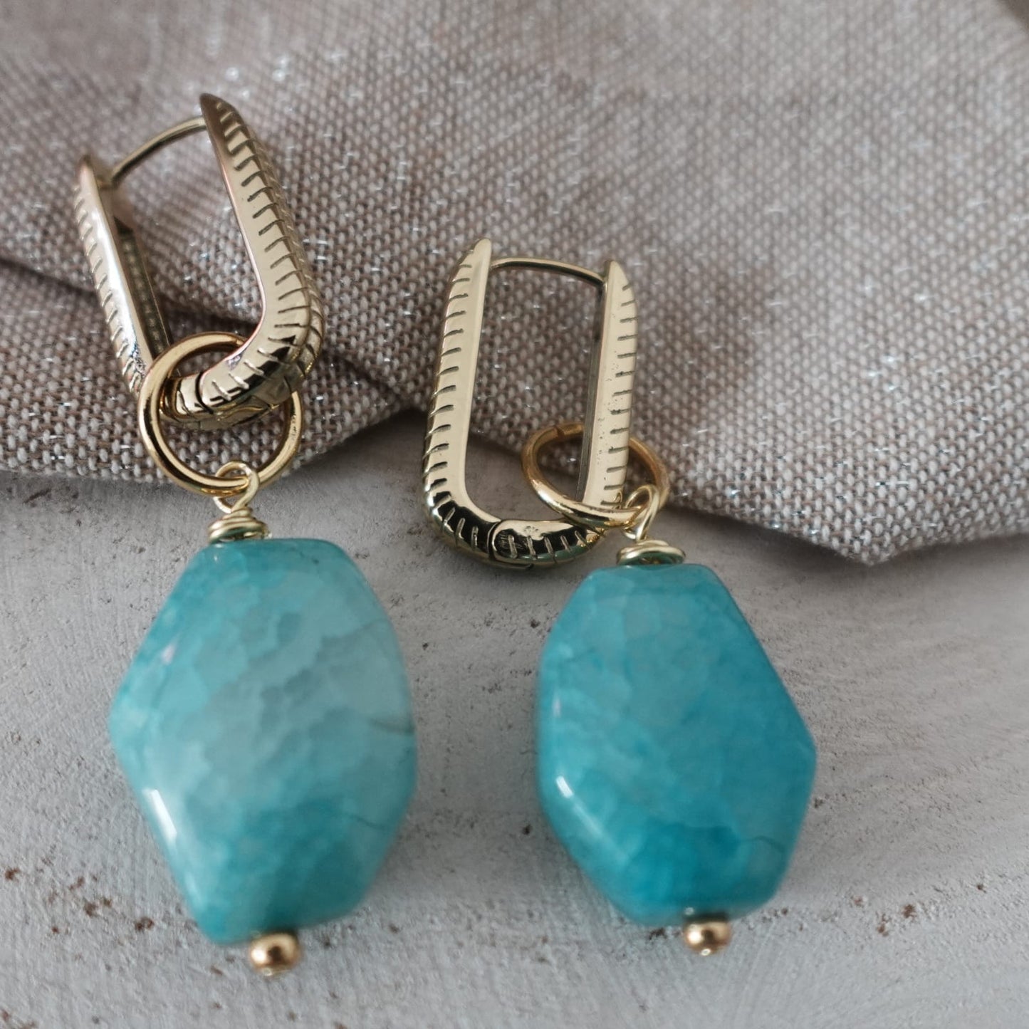 Light Blue Agate Earrings | Natural Stone Beads | Stainless Steel Textured Hoops | Handmade Boho Jewelry