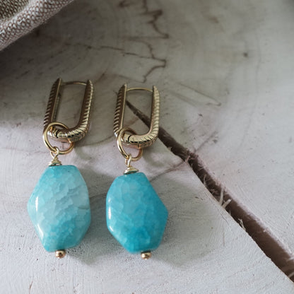 Light Blue Agate Earrings | Natural Stone Jewelry | Stainless Steel Hoops | Handmade Boho Earrings | Blue Gemstone Earrings