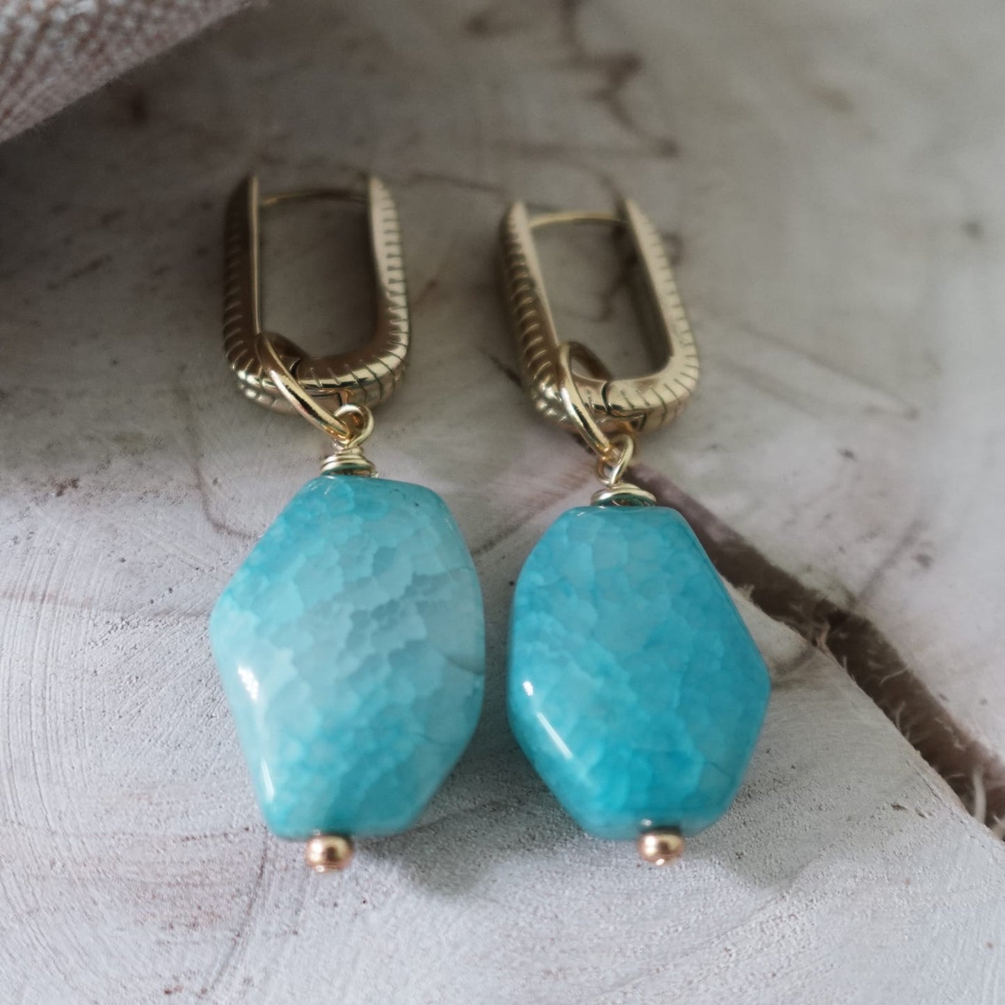Light Blue Agate Earrings | Natural Stone Beads | Stainless Steel Textured Hoops | Handmade Boho Jewelry