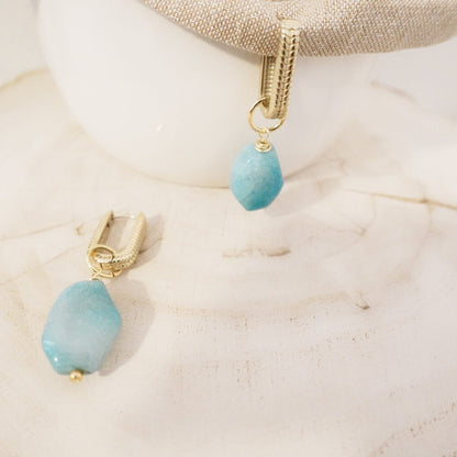 Light Blue Agate Earrings | Natural Stone Beads | Stainless Steel Textured Hoops | Handmade Boho Jewelry