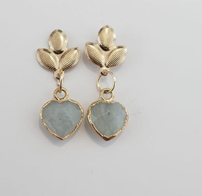 Gold Leaf Earring with Natural Aquamarine Drop