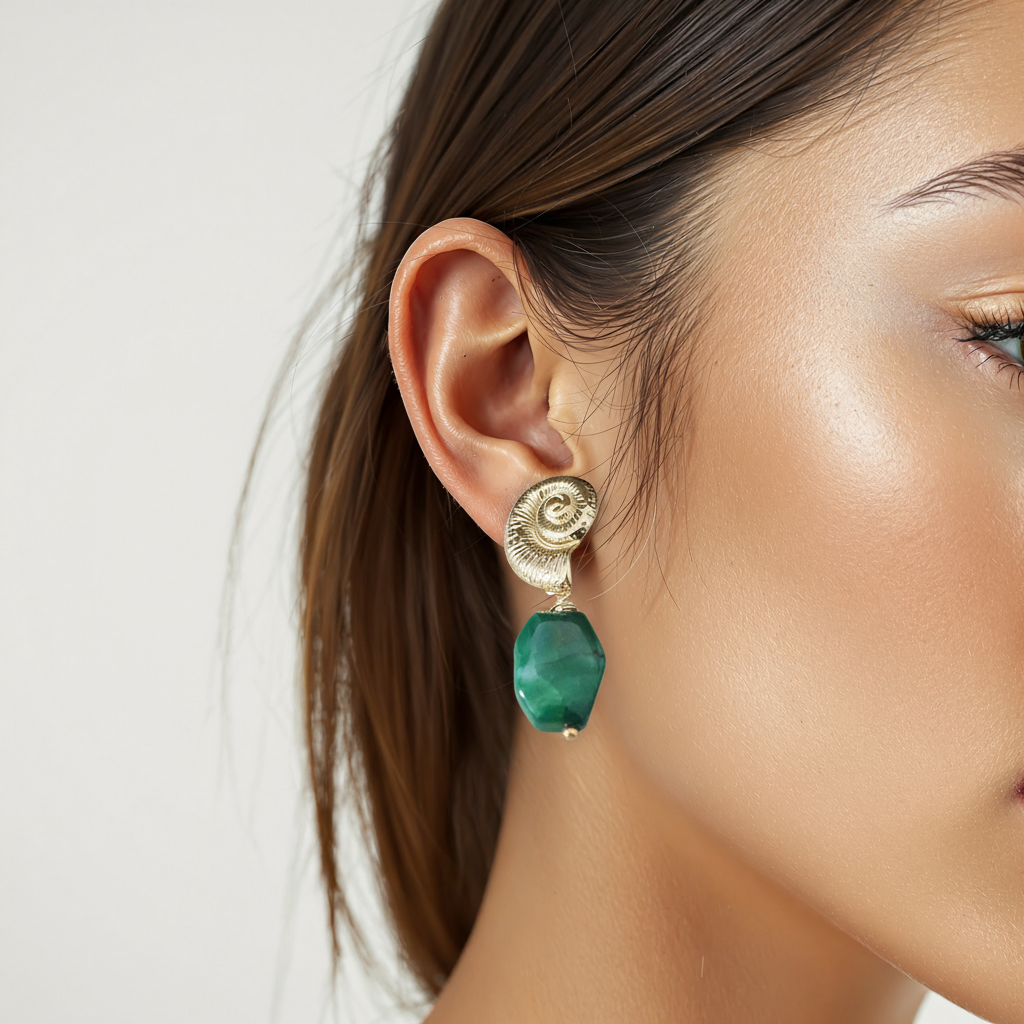Gold Spiral Shell Earrings | Green Agate Earrings